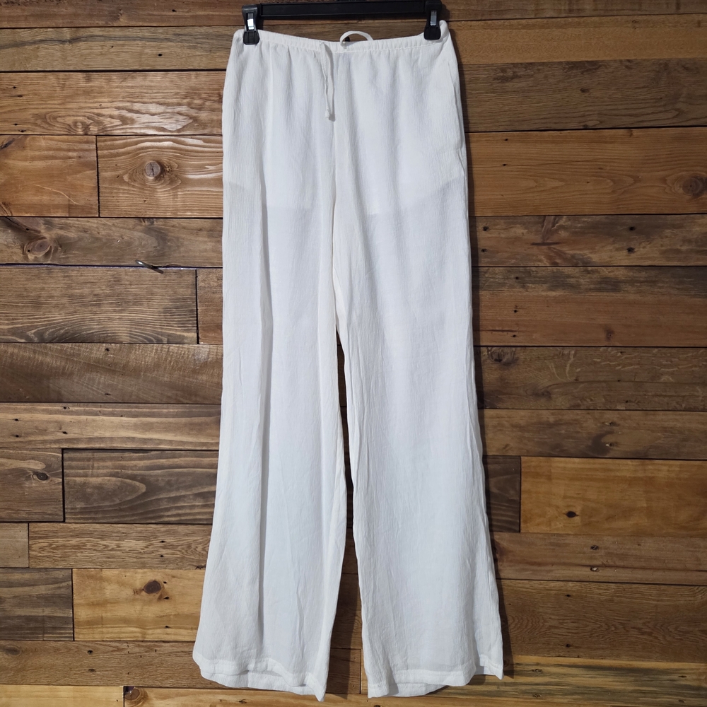 White Sheer Beach Pool Cover-Up Pants Wide Leg Elastic Waist Resort Summer